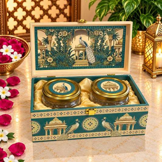 Premium Emerald Teal & Ivory Peacock Scodix Printed Dry Fruit Gift Box with 2 Jars