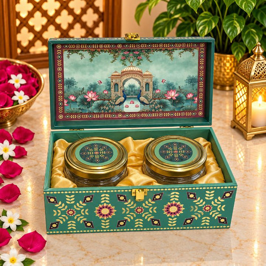 Premium Royal Emerald & Burgundy Peacock Lotus Scodix Printed Dry Fruit Gift Box with 2 Jars