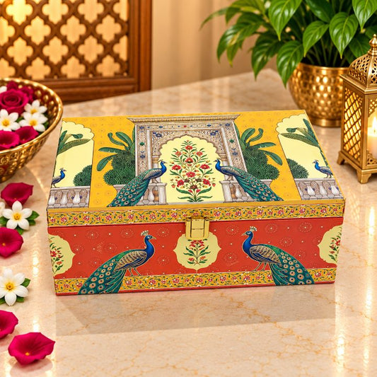 Premium Royal Emerald & Burgundy Peacock Lotus Scodix Printed Dry Fruit Gift Box with 2 Jars second view
