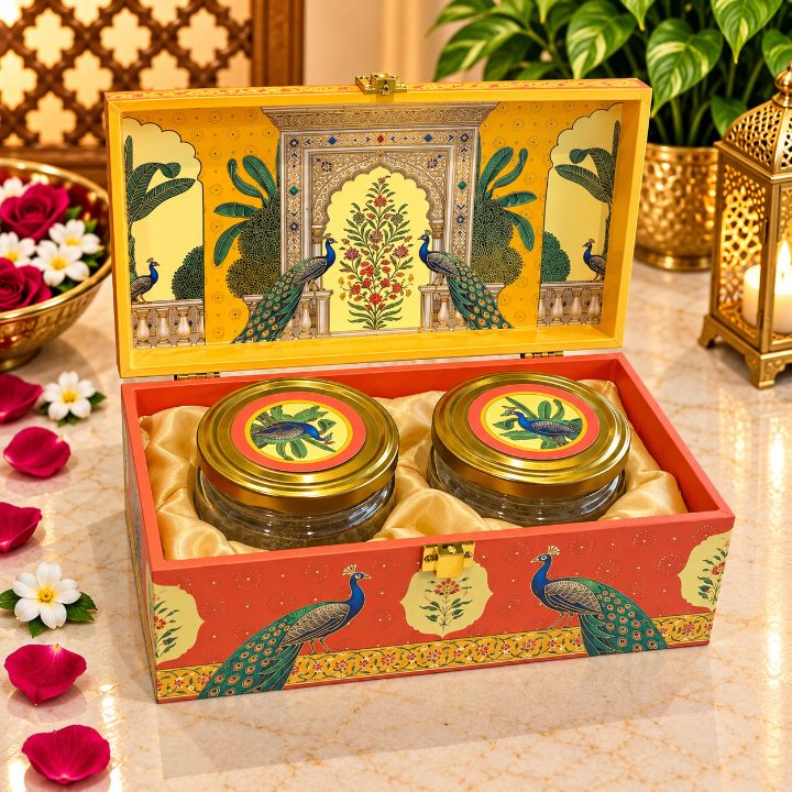 Premium Saffron Yellow & Coral Orange Peacock Scodix Printed Dry Fruit Gift Box with 2 Jars