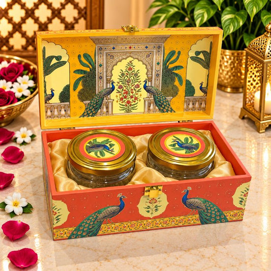 Premium Saffron Yellow & Coral Orange Peacock Scodix Printed Dry Fruit Gift Box with 2 Jars