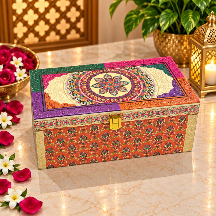 Premium Saffron Yellow & Coral Orange Peacock Scodix Printed Dry Fruit Gift Box with 2 Jars second view