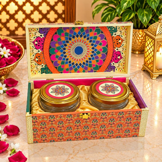 Premium Festive Multicolour Mandala Scodix Printed Dry Fruit Gift Box with 2 Jars