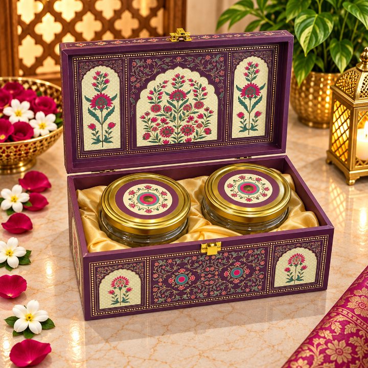 Premium Deep Wine Maroon & Ivory Floral Scodix Printed Dry Fruit Gift Box with 2 Jars