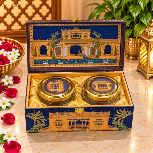 Premium Royal Navy & Antique Gold Palace Peacock Scodix Printed Dry Fruit Gift Box with 2 Jars