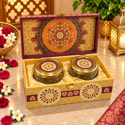 Premium Mustard Gold & Deep Maroon Mandala Floral Scodix Printed Dry Fruit Gift Box with 2 Jars