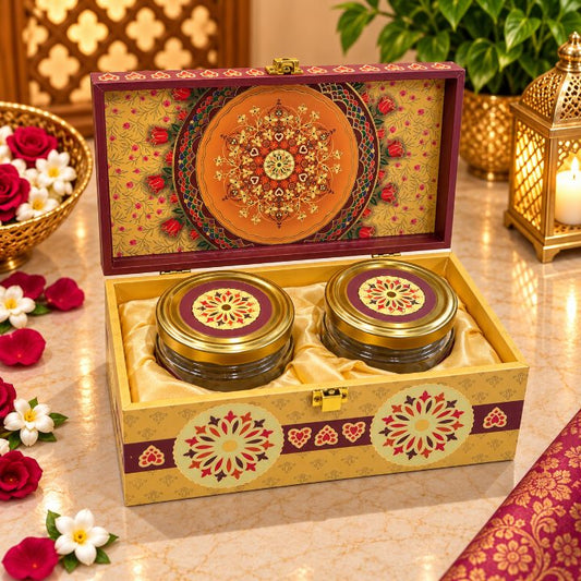 Premium Mustard Gold & Deep Maroon Mandala Floral Scodix Printed Dry Fruit Gift Box with 2 Jars