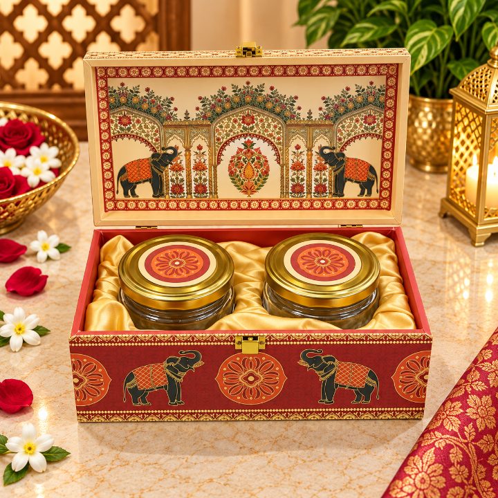 Premium Royal Red & Ivory Elephant Heritage Scodix Printed Dry Fruit Gift Box with 2 Jars