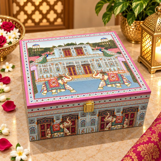 Premium Royal Red & Ivory Elephant Heritage Scodix Printed Dry Fruit Gift Box with 2 Jars second view
