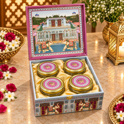 Premium Powder Blue, Rani Pink & Ivory Elephant Palace Scodix Printed Dry Fruit Gift Box with 4 Jars