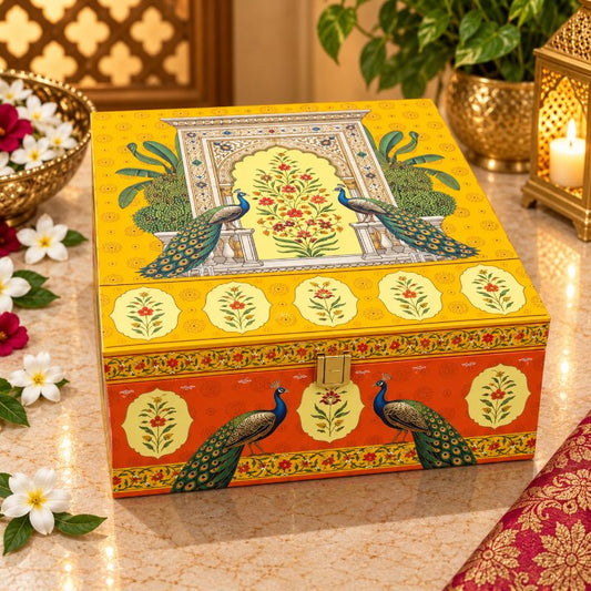 Premium Powder Blue, Rani Pink & Ivory Elephant Palace Scodix Printed Dry Fruit Gift Box with 4 Jars second view