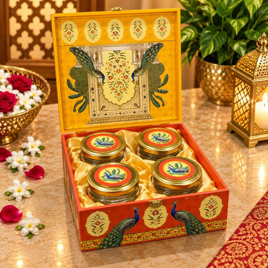 Premium Saffron Yellow & Vermilion Orange Peacock Heritage Scodix Printed Dry Fruit Gift Box with 4