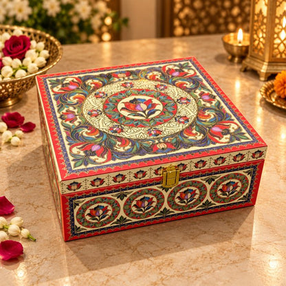 Premium Saffron Yellow & Vermilion Orange Peacock Heritage Scodix Printed Dry Fruit Gift Box with 4 second view