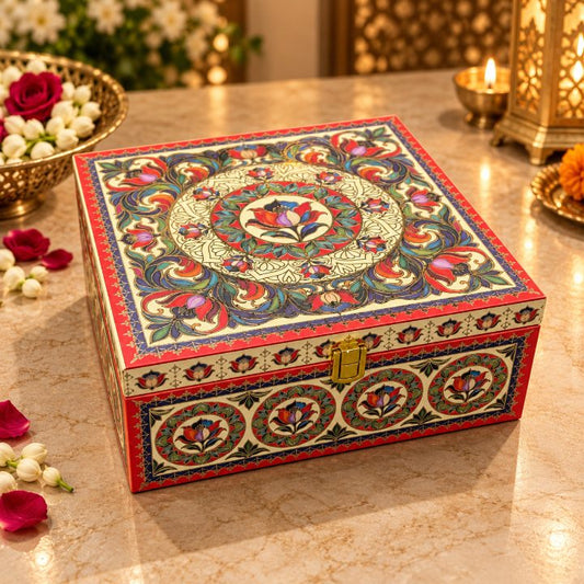 Premium Saffron Yellow & Vermilion Orange Peacock Heritage Scodix Printed Dry Fruit Gift Box with 4 second view