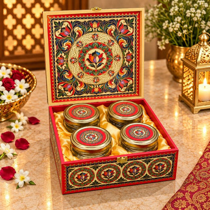 Premium Coral Red & Ivory Lotus Mandala Scodix Printed Dry Fruit Gift Box with 4 Jars
