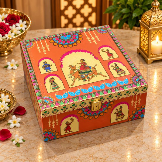 Premium Coral Red & Ivory Lotus Mandala Scodix Printed Dry Fruit Gift Box with 4 Jars second view