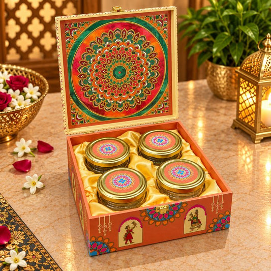 Premium Terracotta Orange & Fuchsia Garba Folk Art Scodix Printed Dry Fruit Gift Box with 4 Jars
