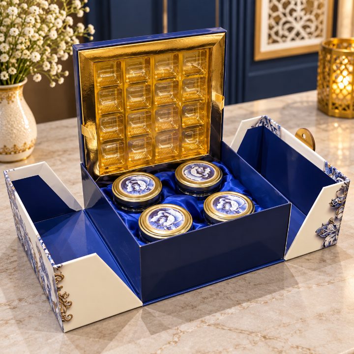 Premium Royal Cobalt Blue & Ivory Floral Kappa Board Dry Fruit & Chocolate Gift Box with 4 Jars