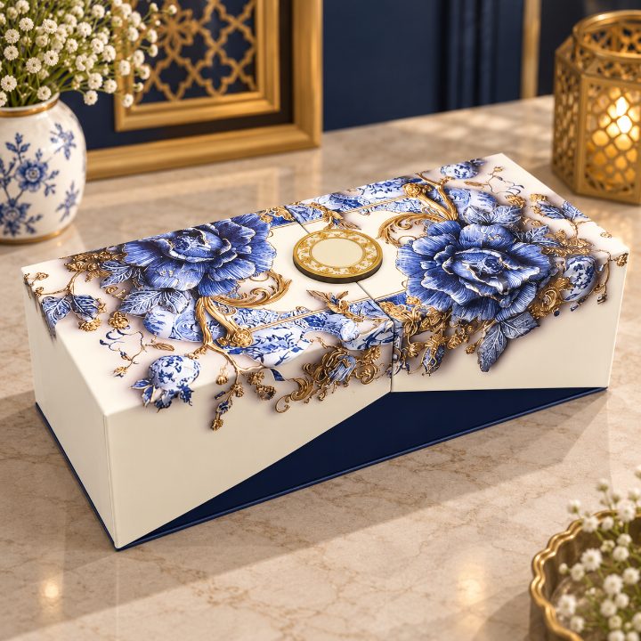 Premium Royal Cobalt Blue & Ivory Floral Kappa Board Dry Fruit & Chocolate Gift Box with 4 Jars second view