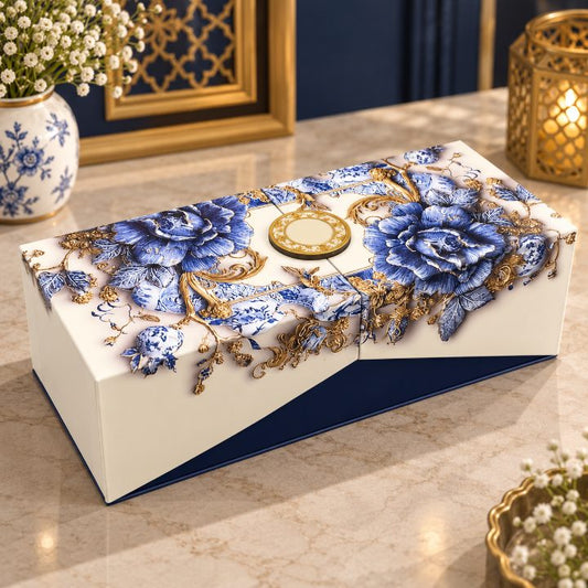 Premium Royal Cobalt Blue & Ivory Floral Kappa Board Dry Fruit & Chocolate Gift Box with 4 Jars second view