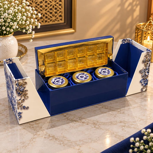 Premium Royal Cobalt Blue & Ivory Floral Kappa Board Dry Fruit & Chocolate Gift Box with 3 Jars