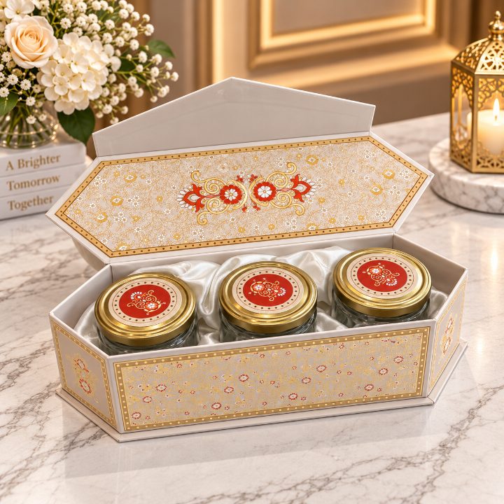 Premium Ivory Pearl & Antique Gold Peacock Kappa Board Dry Fruit Gift Box with 3 Jars