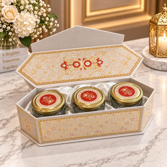 Premium Ivory Pearl & Antique Gold Peacock Kappa Board Dry Fruit Gift Box with 3 Jars