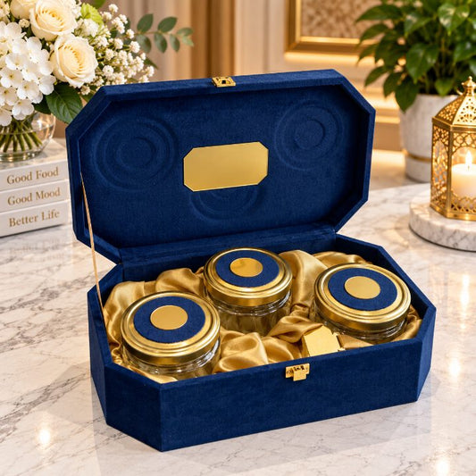 Premium Royal Navy Blue & Antique Gold Peacock Velvet Dry Fruit Gift Box with 3 Jars