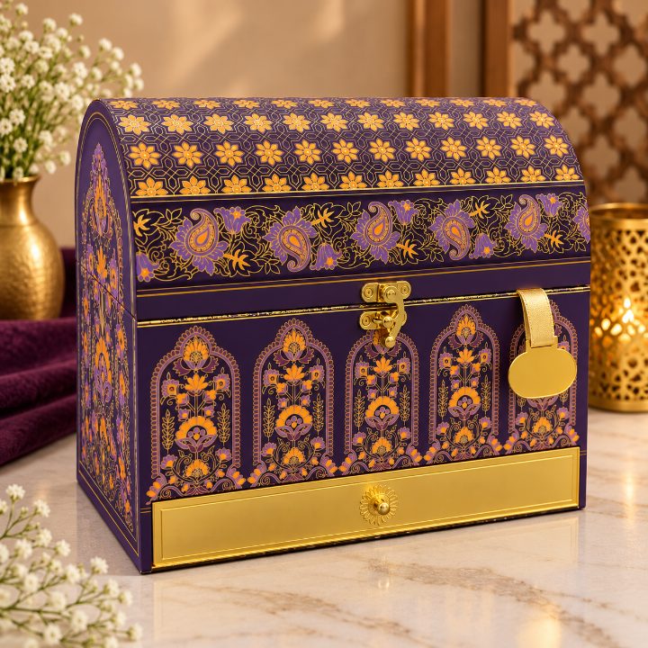 Premium Royal Navy Blue & Antique Gold Peacock Velvet Dry Fruit Gift Box with 3 Jars second view