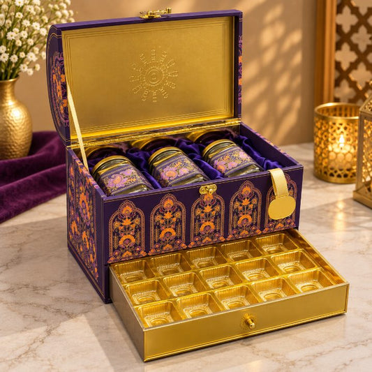 Premium Imperial Plum & Gold Scodix Printed Dry Fruit Gift Box with 3 Jars