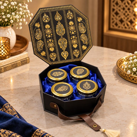 Premium Midnight Black & Antique Gold Octagonal Kappa Board Dry Fruit Gift Box with 4 Jars