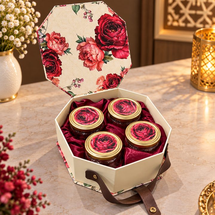 Premium Ivory Cream & Crimson Rose Octagonal Kappa Board Dry Fruit Gift Box with 4 Jars