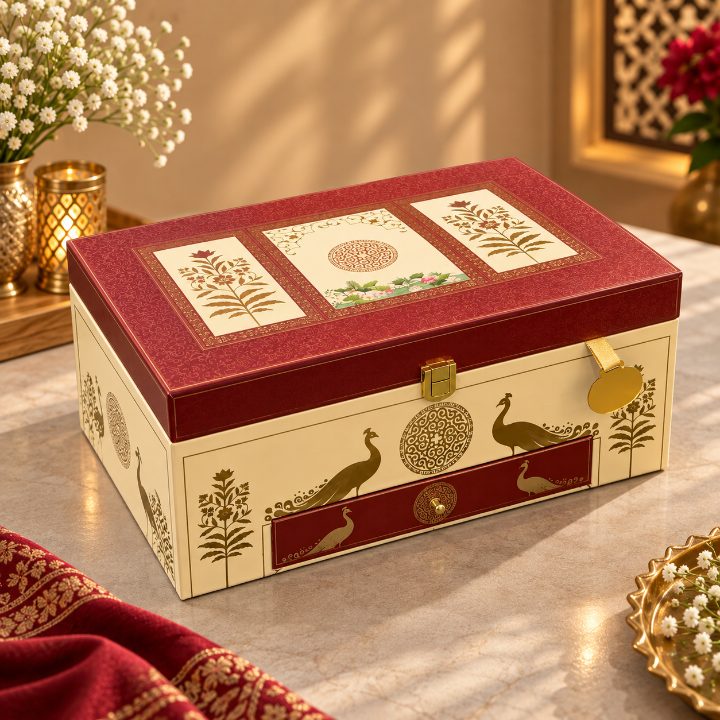 Premium Ivory Cream & Crimson Rose Octagonal Kappa Board Dry Fruit Gift Box with 4 Jars second view