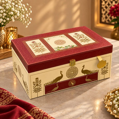 Premium Ivory Cream & Crimson Rose Octagonal Kappa Board Dry Fruit Gift Box with 4 Jars second view