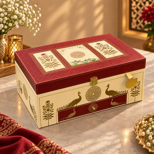 Premium Ivory Cream & Crimson Rose Octagonal Kappa Board Dry Fruit Gift Box with 4 Jars second view