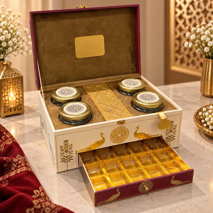 Premium Ivory Cream & Deep Maroon Peacock Scodix Printed Dry Fruit & Chocolate Gift Box with 4 Jars