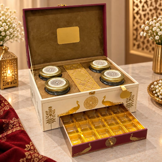 Premium Ivory Cream & Deep Maroon Peacock Scodix Printed Dry Fruit & Chocolate Gift Box with 4 Jars