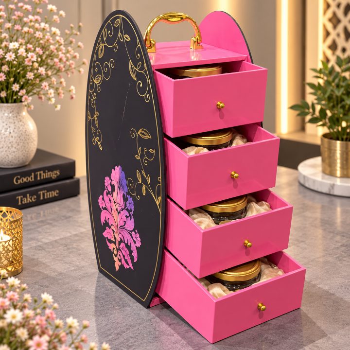 Premium Fuchsia Pink & Matte Black 4-Drawer Scodix Printed Dry Fruit Gift Box with 4 Jars