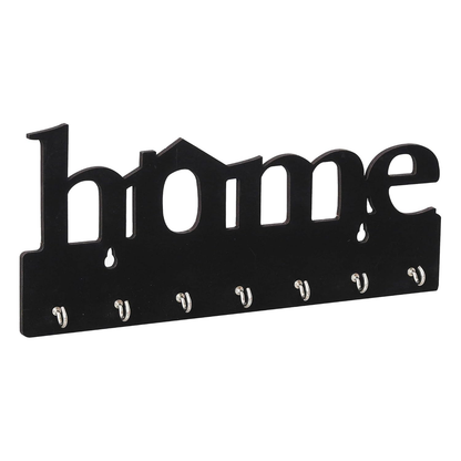 Angled view of black MDF Home key holder with seven silver-coloured hooks