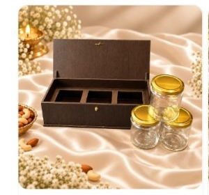 Horizontal Prelam MDF Diwali Box – 3 Glass Jars (100gm)
