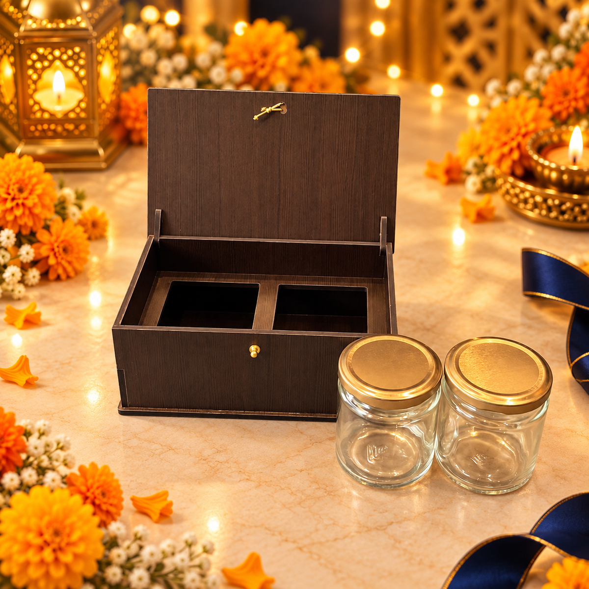 Horizontal Prelam MDF Diwali Box – 2 Glass Jars (100gm) – primary view in Diwali setting