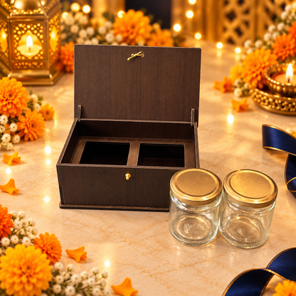 Horizontal Prelam MDF Diwali Box – 2 Glass Jars (100gm) – primary view in Diwali setting