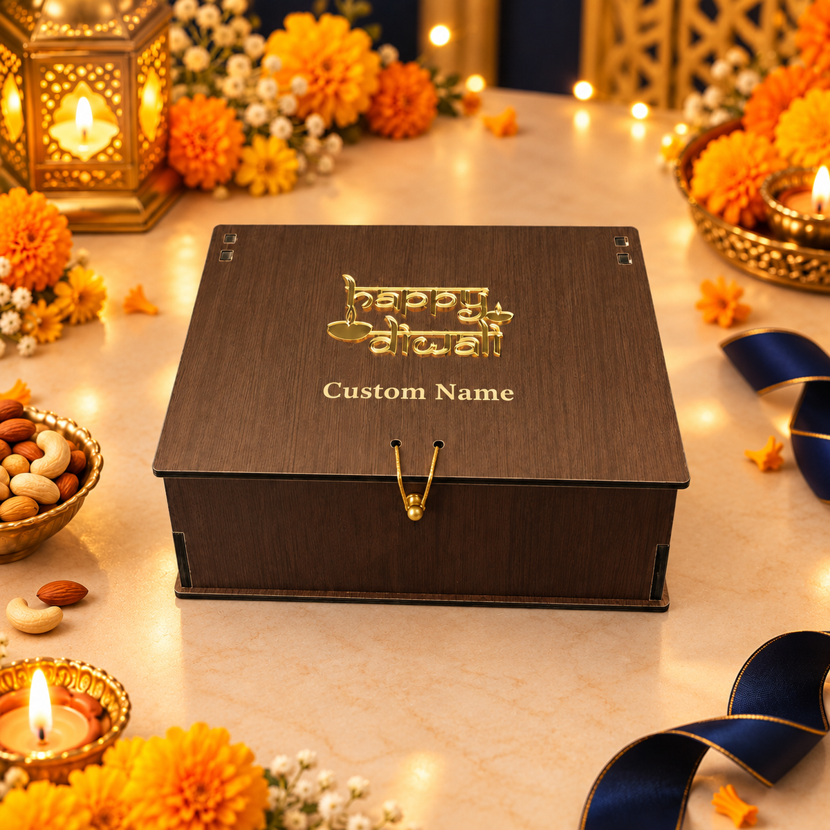 Horizontal Prelam MDF Diwali Box – 2 Glass Jars (100gm) – secondary view in Diwali setting