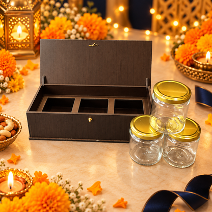 Horizontal Prelam MDF Diwali Box – 3 Glass Jars (100gm) – primary view in Diwali setting