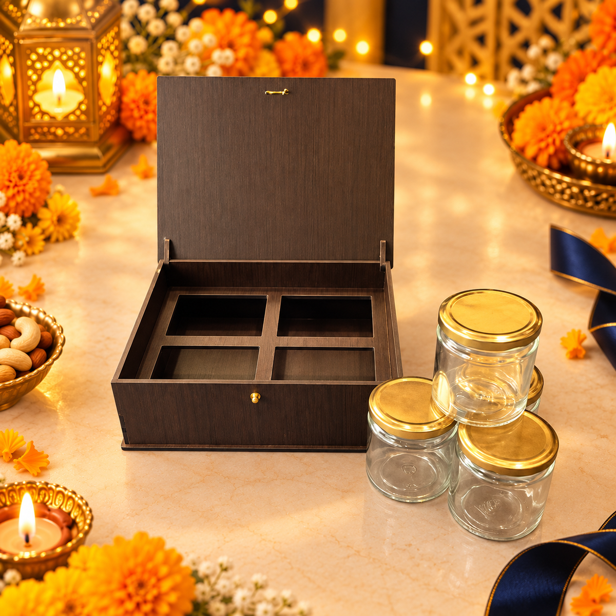 Horizontal Prelam MDF Diwali Box – 4 Glass Jars (100gm) – primary view in Diwali setting