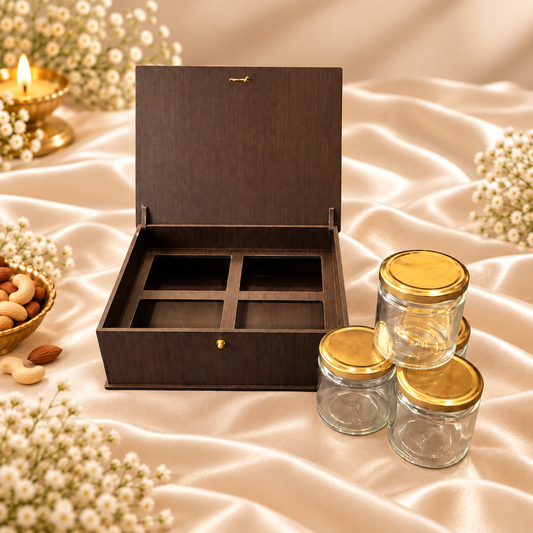 Horizontal Prelam MDF Diwali Box – 4 Glass Jars (100gm) – primary view on cream satin background