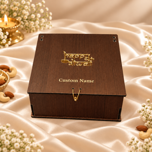 Horizontal Prelam MDF Diwali Box – 4 Glass Jars (100gm) – secondary view on cream satin background