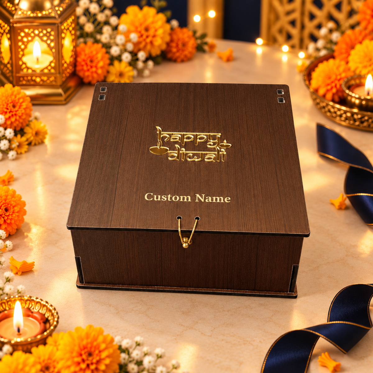 Horizontal Prelam MDF Diwali Box – 4 Glass Jars (100gm) – secondary view in Diwali setting