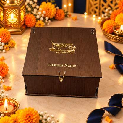 Horizontal Prelam MDF Diwali Box – 4 Glass Jars (100gm) – secondary view in Diwali setting