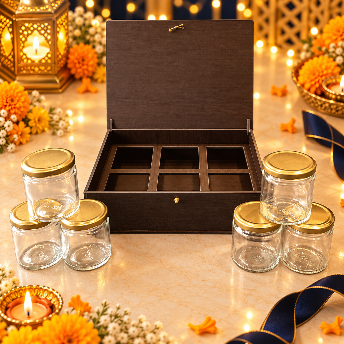 Horizontal Prelam MDF Diwali Box – 6 Glass Jars (100gm) – primary view in Diwali setting